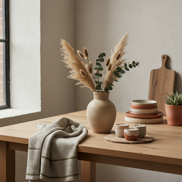 Artisanal home decor items arranged on a light oak surface, bathed in soft natural light.
