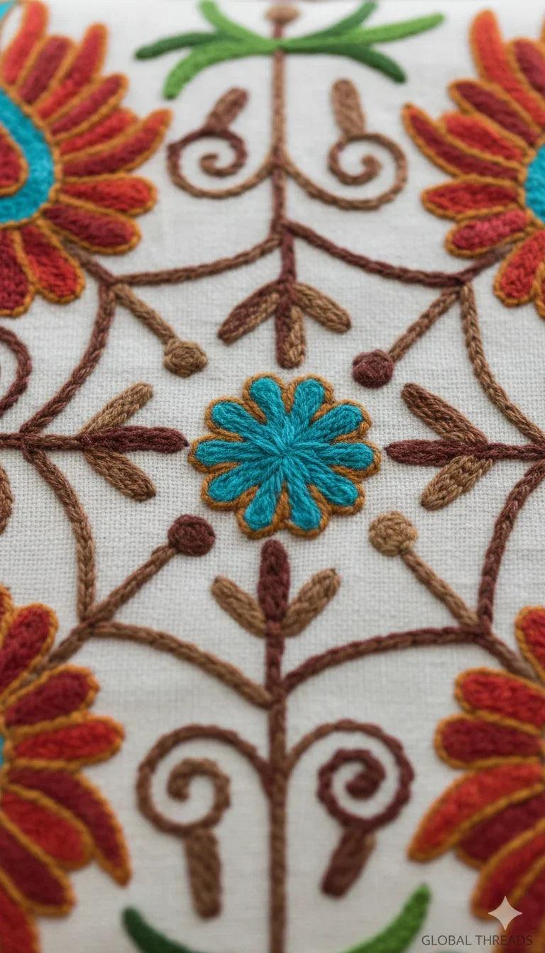 Vibrant floral embroidery with turquoise, red, and brown threads on white fabric, perfect for home decor.