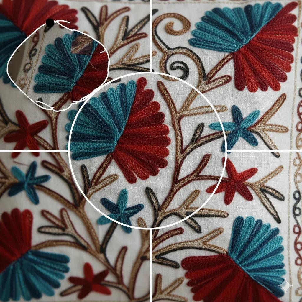 Vibrant red and teal floral embroidery on white fabric, detailed with brown stems and star accents.