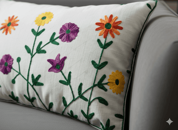 **Handmade Aari Embroidered Teal Maroon Floral Pillow Cover**
