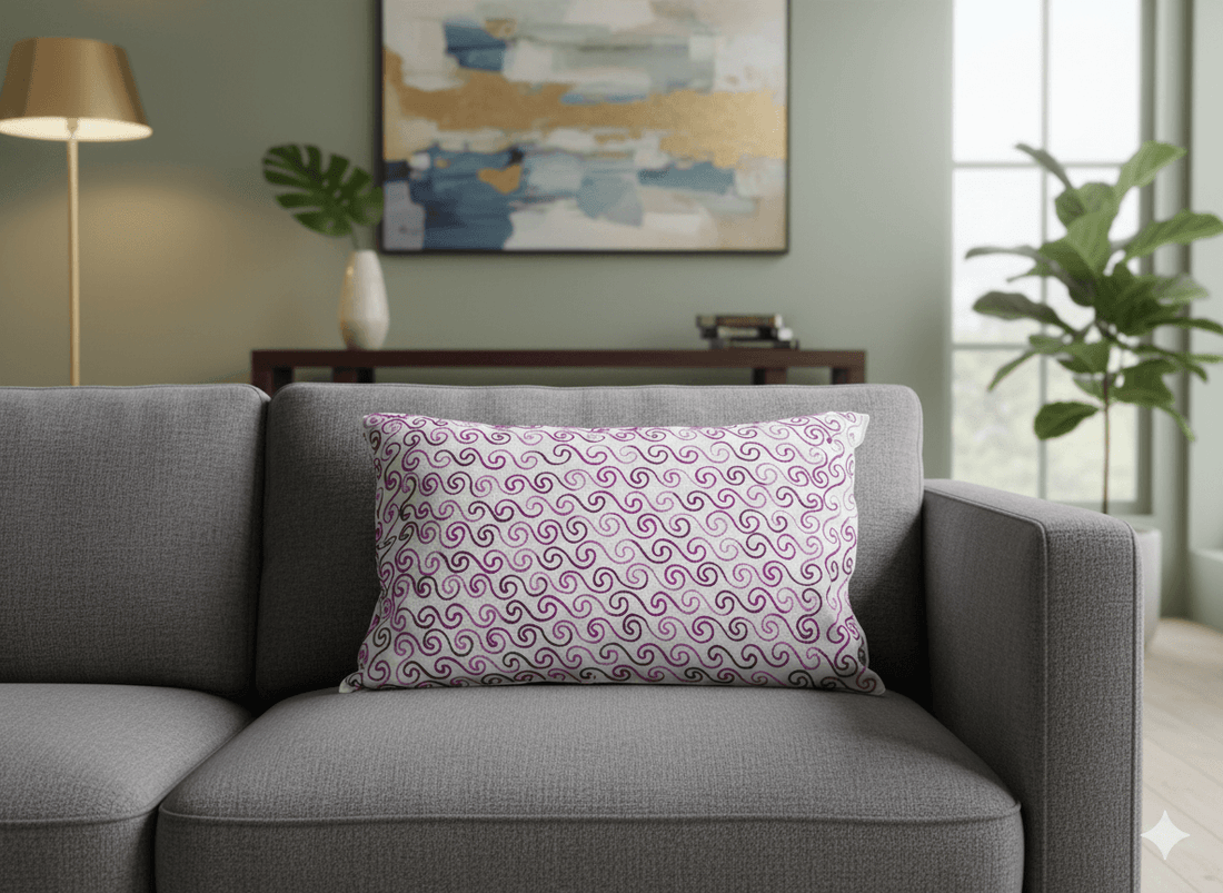 Handmade Aari Embroidered Cushion Cover – Purple Pink Spiral