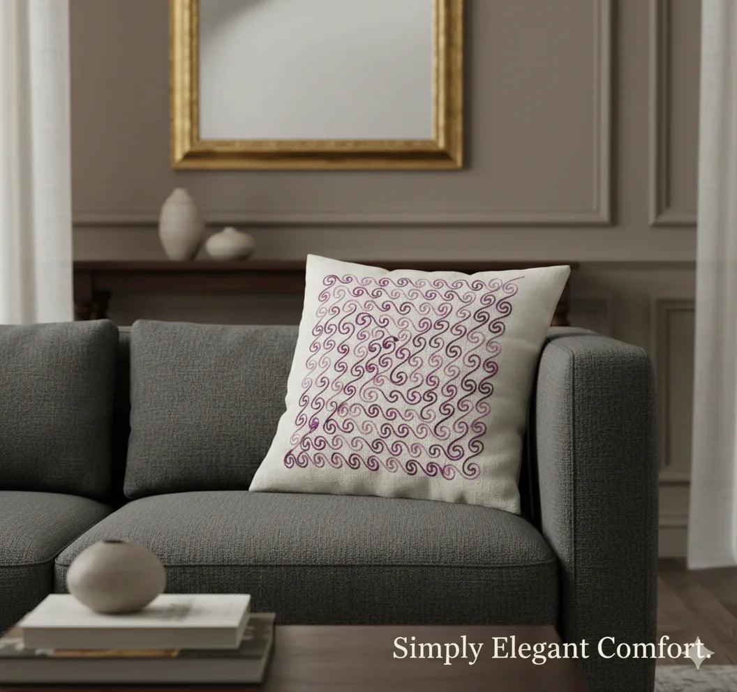 Elegant swirl-patterned throw pillow on gray sofa, adding cozy decor to living room