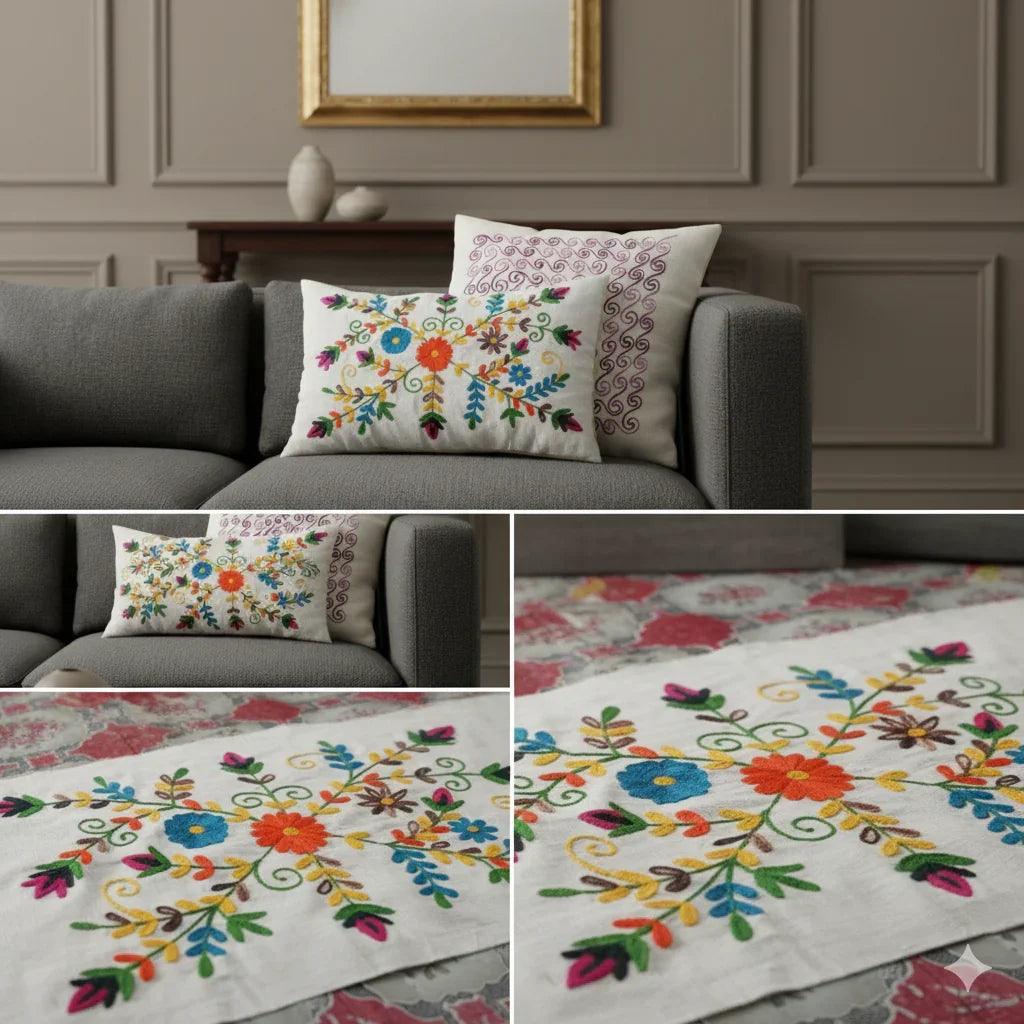 Hand Embroidered Floral Cushion Cover – White Cotton Decorative Pillow Cover for Sofa, Living Room & Bedroom
