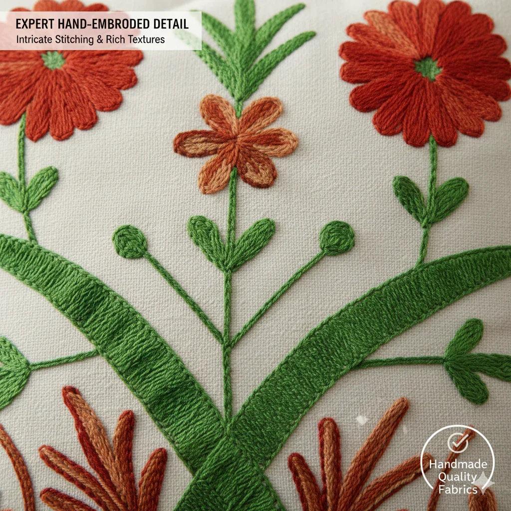 Hand Embroidered Floral Cushion Cover – Boho Decorative Throw Pillow Cover