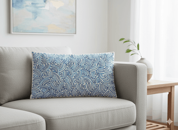 **Handmade Aari Embroidered Blue Wave Cushion Cover**