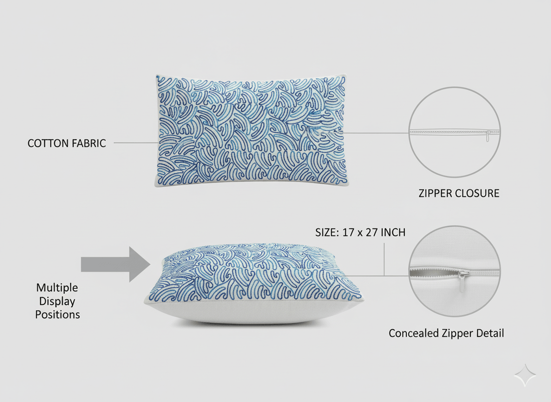**Handmade Aari Embroidered Blue Wave Cushion Cover**