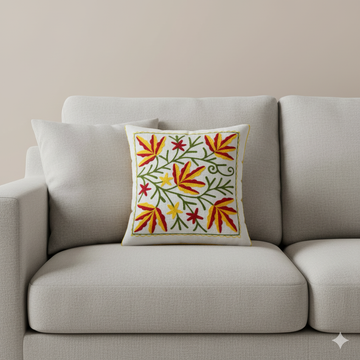 Handmade Embroidery Square Cushion Cover | Red & Yellow Leaf Motif with Green Vines | Premium Cotton | 16x16 Inch | Indian Pillow Cover for Sofa & Bedroom Decor