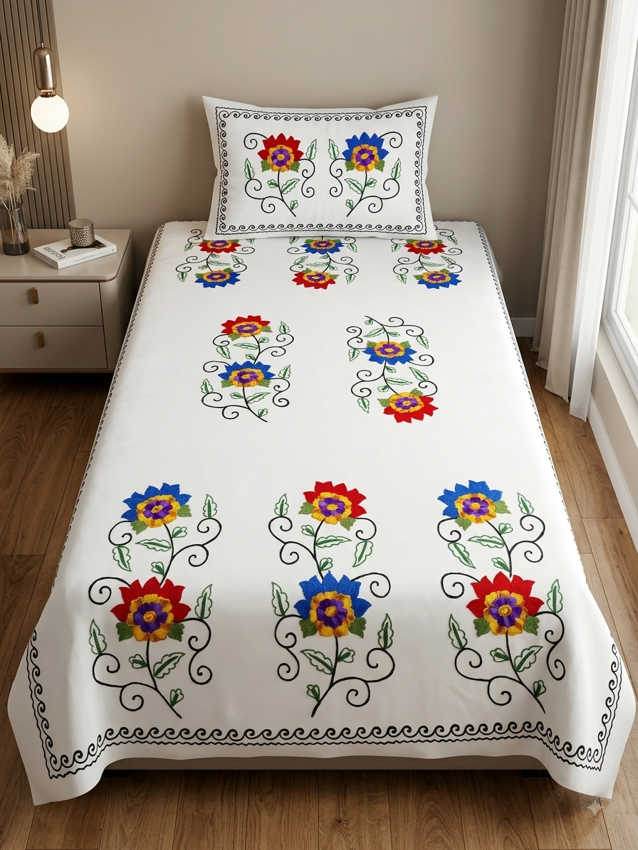Aari Embroidery Cotton Bedsheet with Pillow Cover – Floral Handcrafted Design