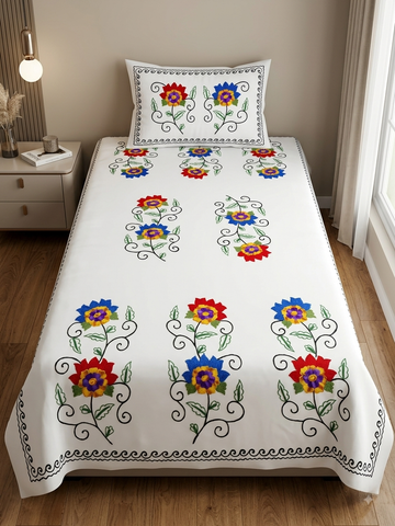Aari Embroidery Cotton Bedsheet with Pillow Cover – Floral Handcrafted Design