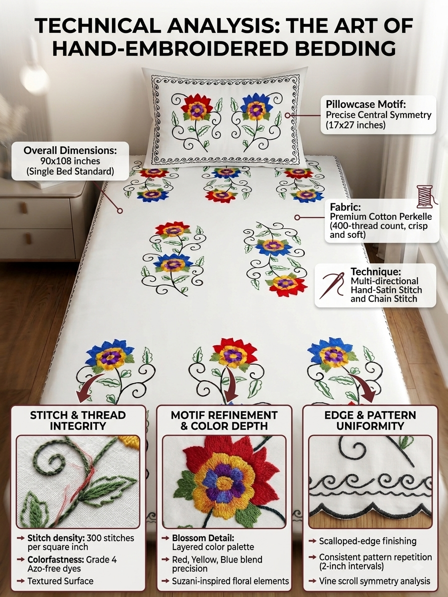Technical analysis infographic for a hand-embroidered bedding set, showing a bed with embroidered floral pillows and covers, plus callout boxes detailing dimensions, fabric, stitch technique, and quality features.