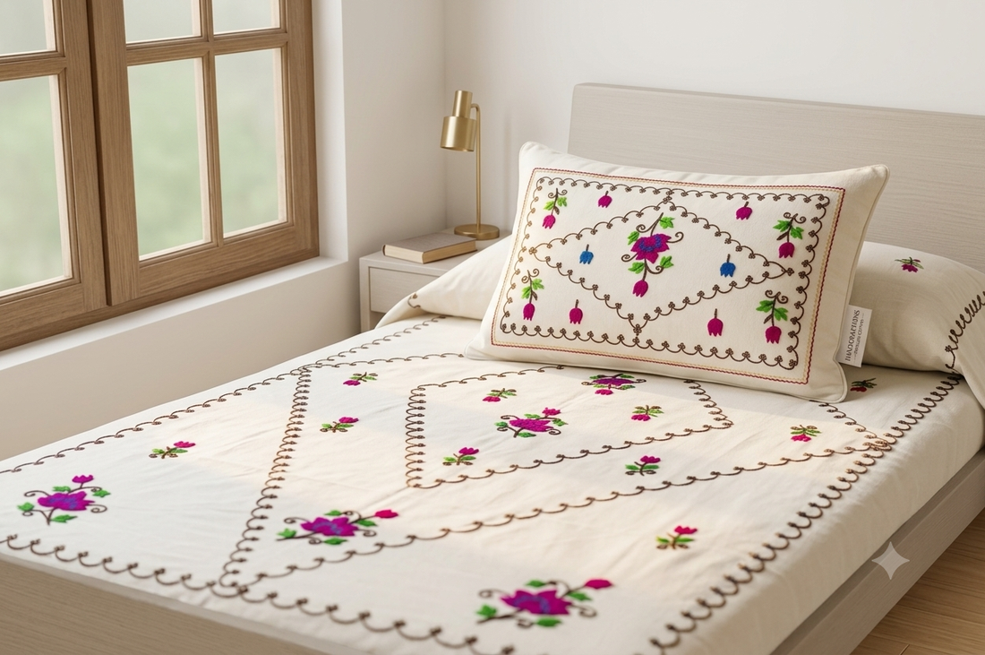Premium White Cotton Single Bedsheet with Aari Embroidery Floral Design 60x90 Inch and Matching Pillow Cover