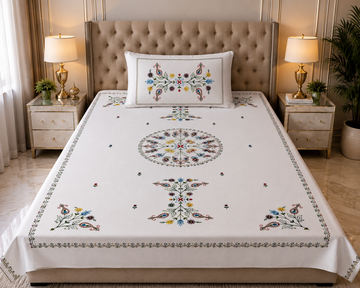 Premium White Cotton Embroidered Single Bedsheet with 17x27 Inch Pillow Cover | 60x90 Inch | Decor Kreations