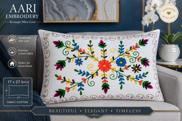 Hand Embroidered Floral Cushion Cover – White Cotton Decorative Pillow Cover for Sofa, Living Room & Bedroom