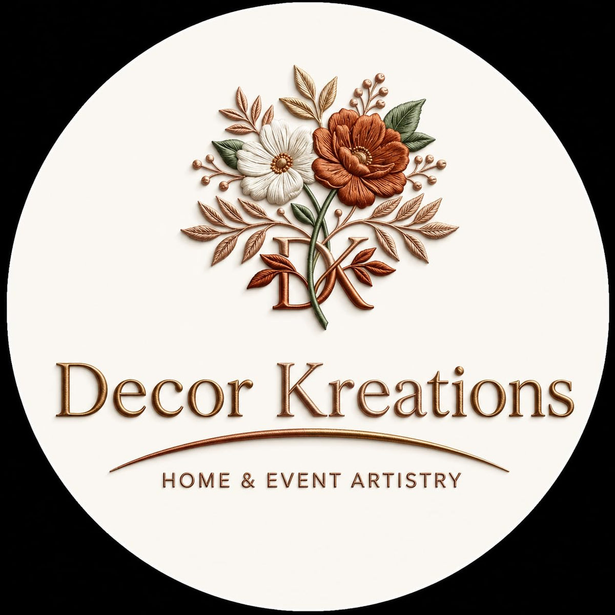 A circular logo for 'Decor Kreations Home & Event Artistry' featuring an embroidered floral design with a white flower, a rust-orange rose, and green leaves above stylized initials, all on a cream background with a black outer border.