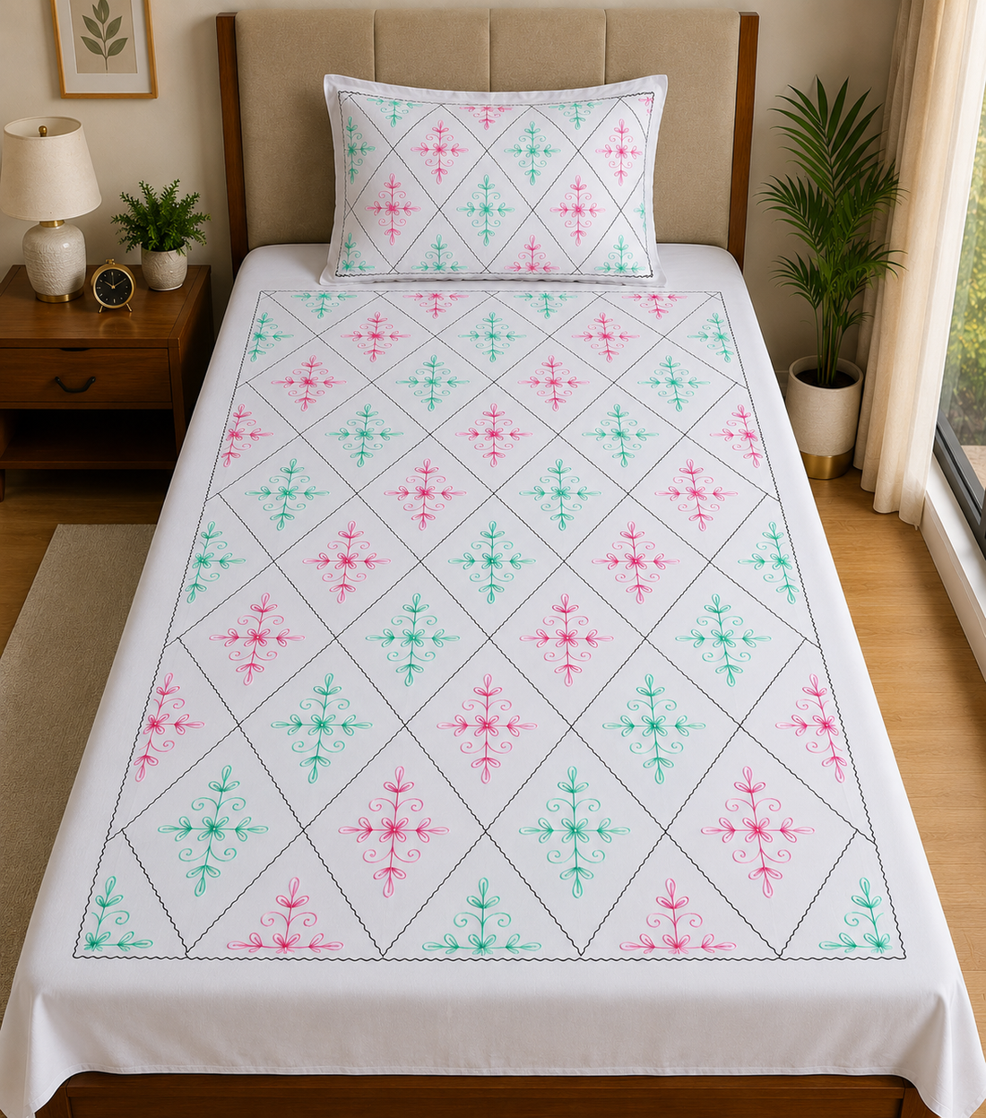 Premium White Cotton Single Bedsheet with Aari Embroidery Diamond Floral Design and Matching Pillow Cover, Size 60x90 Inch.