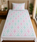 Premium White Cotton Single Bedsheet with Aari Embroidery Diamond Floral Design and Matching Pillow Cover, Size 60x90 Inch.