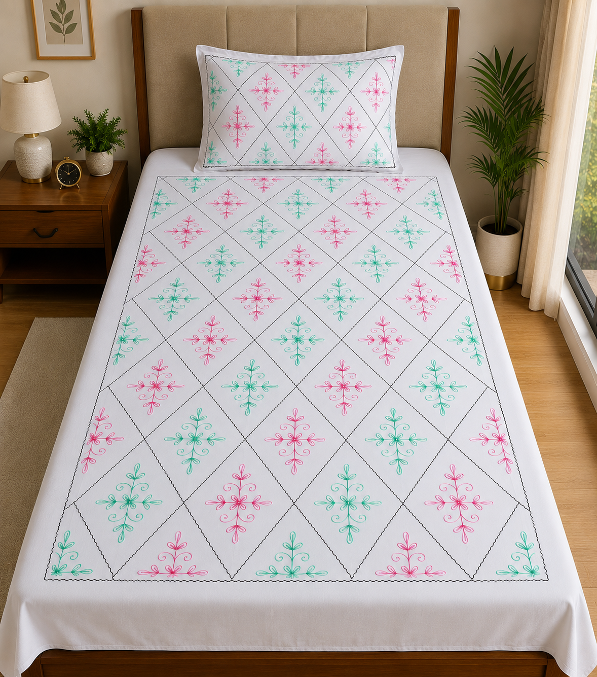 Premium White Cotton Single Bedsheet with Aari Embroidery Diamond Floral Design and Matching Pillow Cover, Size 60x90 Inch.