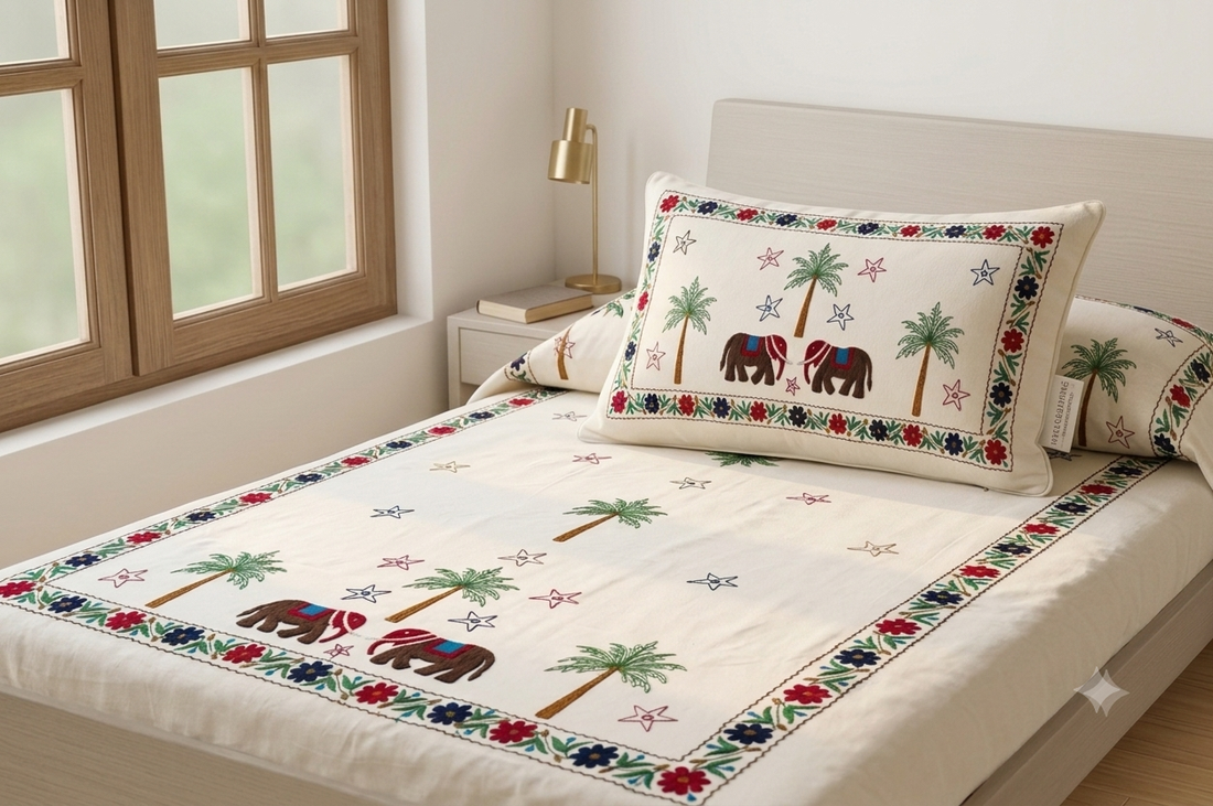 Premium White Cotton Single Bedsheet with Aari Embroidery Elephant and Palm Tree Design, Size 60x90 Inch with Matching Pillow Cover.