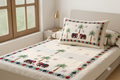Premium White Cotton Single Bedsheet with Aari Embroidery Elephant and Palm Tree Design, Size 60x90 Inch with Matching Pillow Cover.