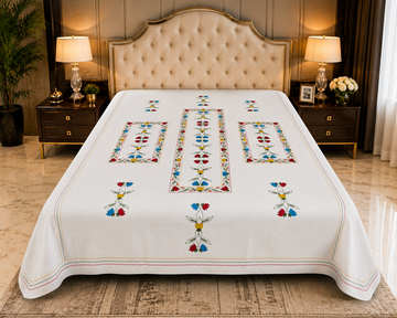 Premium White Cotton Aari Embroidery Bed Sheet 60x90 Inch with Floral Embroidery and 1 Pillow Cover 17x27 Inch.