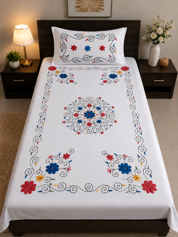 Aari Embroidery White Cotton Single Bedsheet with 1 Pillow Cover | Floral Designer Cotton Bedsheet | 60 x 90 Inch