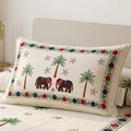 Premium White Cotton Single Bedsheet with Aari Embroidery Elephant and Palm Tree Design, Size 60x90 Inch with Matching Pillow Cover.