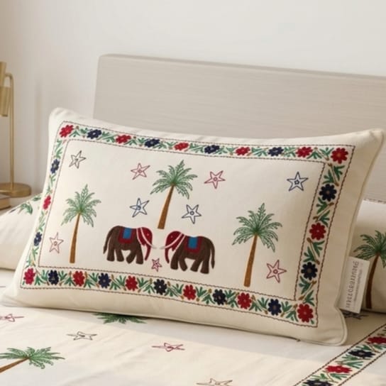 Premium White Cotton Single Bedsheet with Aari Embroidery Elephant and Palm Tree Design, Size 60x90 Inch with Matching Pillow Cover.