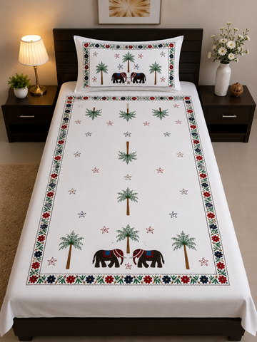 Aari Embroidery White Cotton Single Bedsheet with 1 Pillow Cover | Elephant & Palm Tree Design | 60 x 90 Inch
