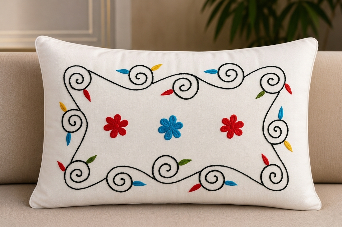 Aari Embroidery White Cotton Single Bedsheet with 1 Pillow Cover | Floral Designer Cotton Bedsheet | 60 x 90 Inch