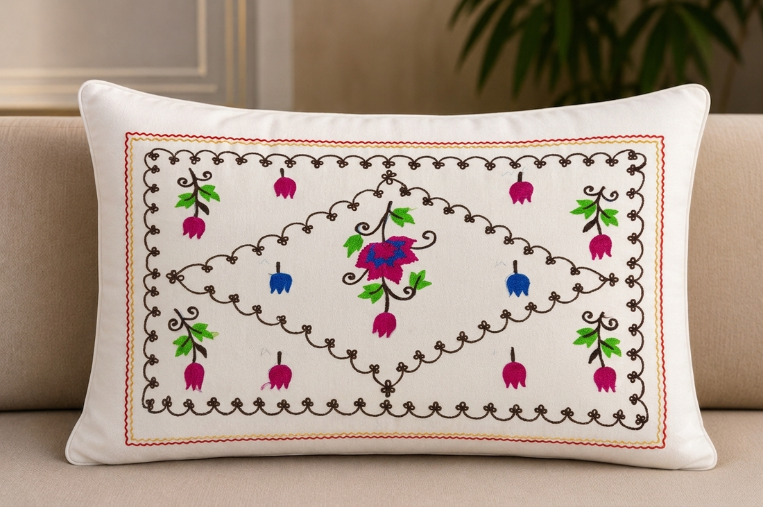 Premium White Cotton Single Bedsheet with Aari Embroidery Floral Design 60x90 Inch and Matching Pillow Cover