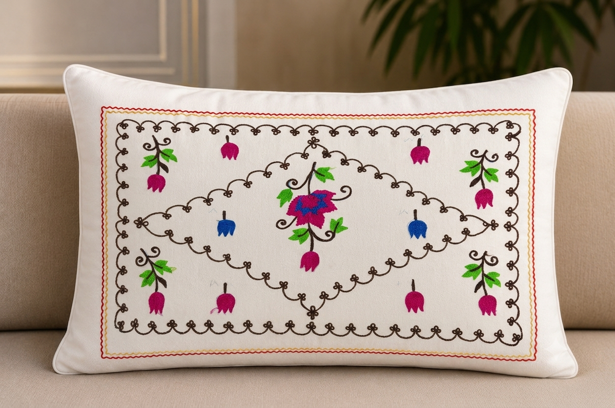 Premium White Cotton Single Bedsheet with Aari Embroidery Floral Design 60x90 Inch and Matching Pillow Cover
