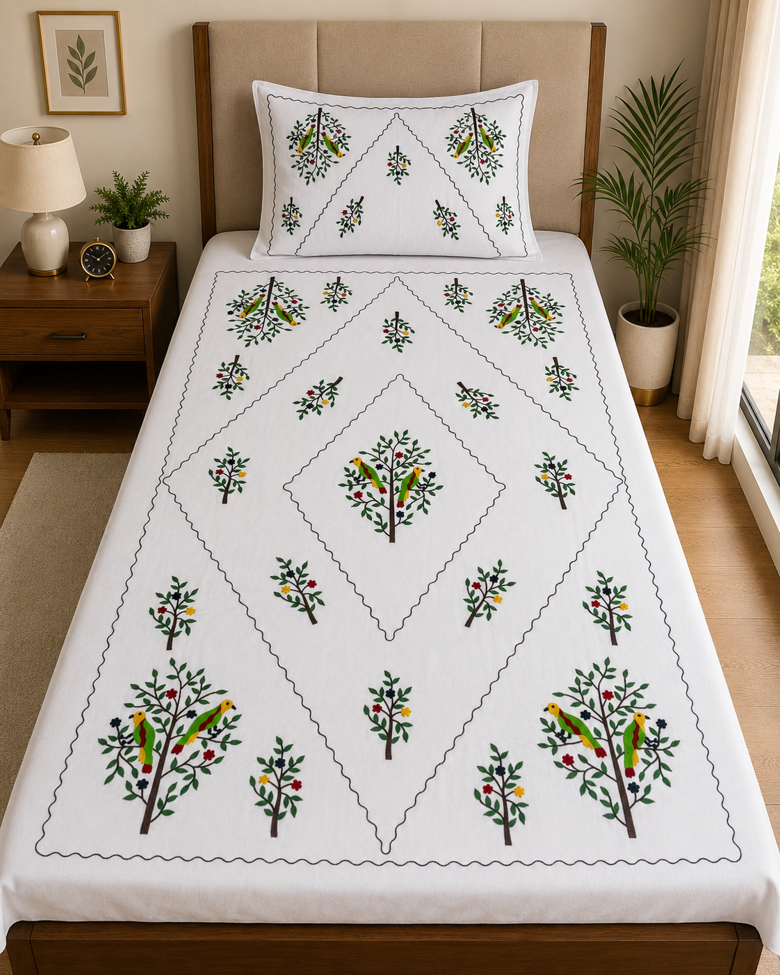 Premium White Cotton Single Bedsheet with Bird and Tree Aari Embroidery Design, 60x90 Inch, including 1 Matching Pillow Cover.