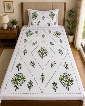 Premium White Cotton Single Bedsheet with Bird and Tree Aari Embroidery Design, 60x90 Inch, including 1 Matching Pillow Cover.